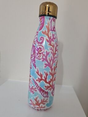 Lilly Pulitzer Pink Blue Coral Pattern Stainless Water Bottle with Gold Cap